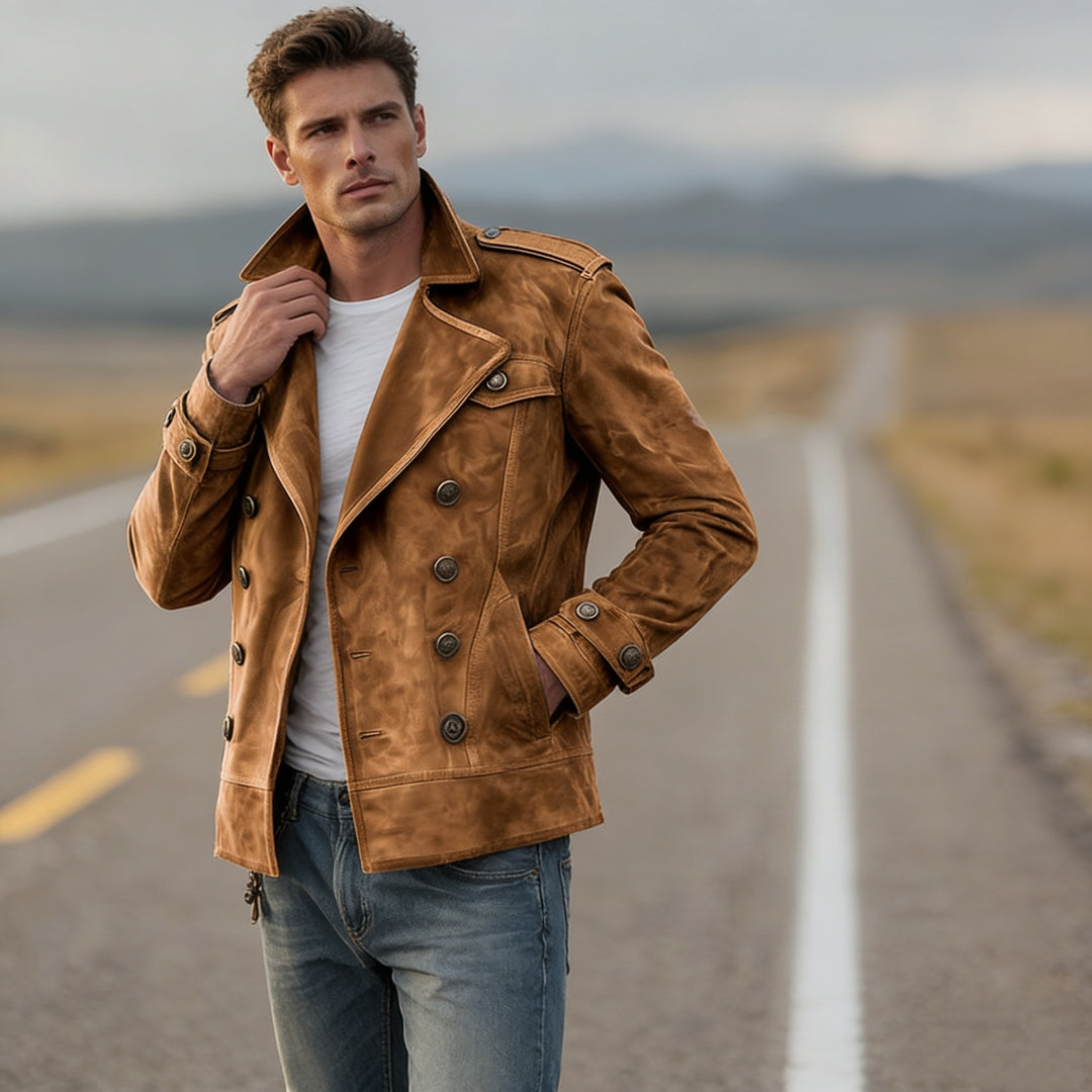 Herren Doppelreihige Lederjacke im Vintage-Look mit Schalkragen und Schulterklappen Nord Taschen
