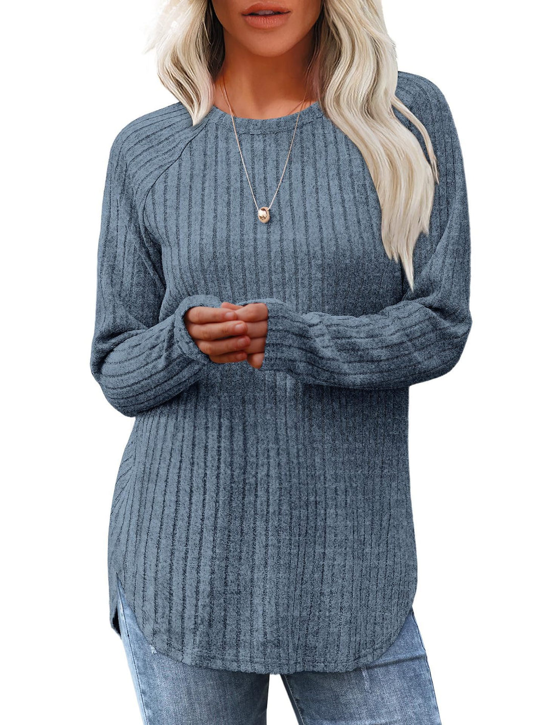 Damen gerippter Strickpullover mit Rundhalsausschnitt Oversize-Passform und Seitenschlitzen Nord Taschen