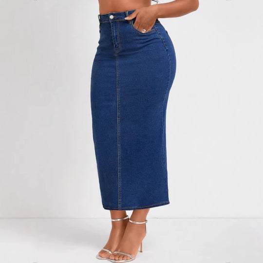 Damen Taillenhoher Stretch-Denim-Midirock mit sichtbarer Mittelnaht und Five-Pocket-Design Nord Taschen