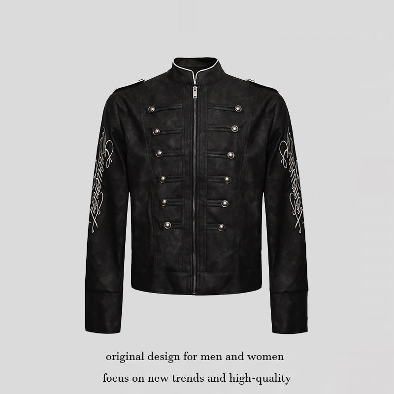 Herren Military-inspirierte Lederjacke mit Stehkragen, Zierknopfreihen und bestickten Ärmeln Nord Taschen