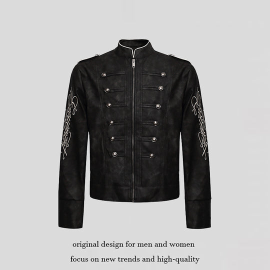 Herren Military-inspirierte Lederjacke mit Stehkragen, Zierknopfreihen und bestickten Ärmeln Nord Taschen