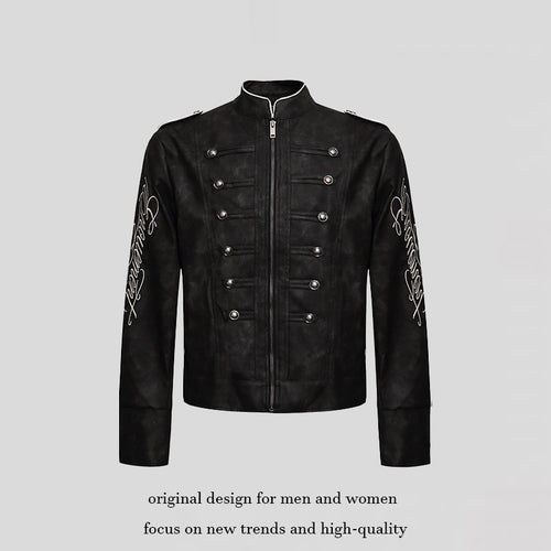 Herren Military-inspirierte Lederjacke mit Stehkragen, Zierknopfreihen und bestickten Ärmeln Nord Taschen
