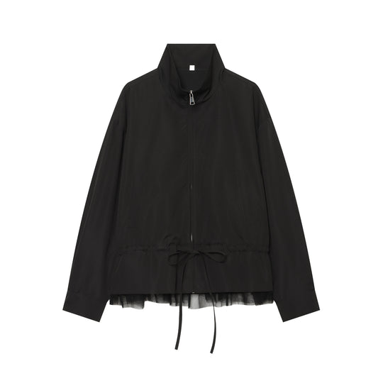Damen Leichte Cropped Übergangsjacke mit Stehkragen, Tunnelzugtaillierung und Tüllbesatz Nord Taschen