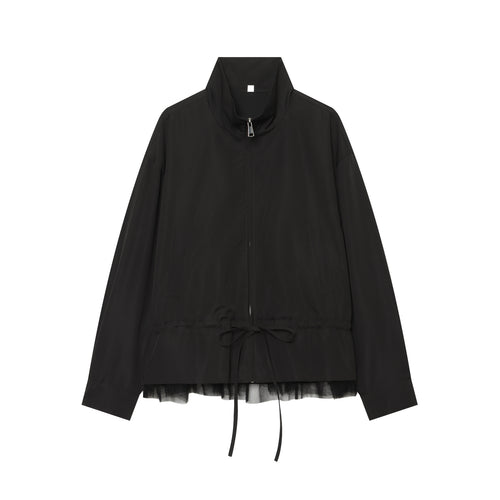 Damen Leichte Cropped Übergangsjacke mit Stehkragen, Tunnelzugtaillierung und Tüllbesatz Nord Taschen