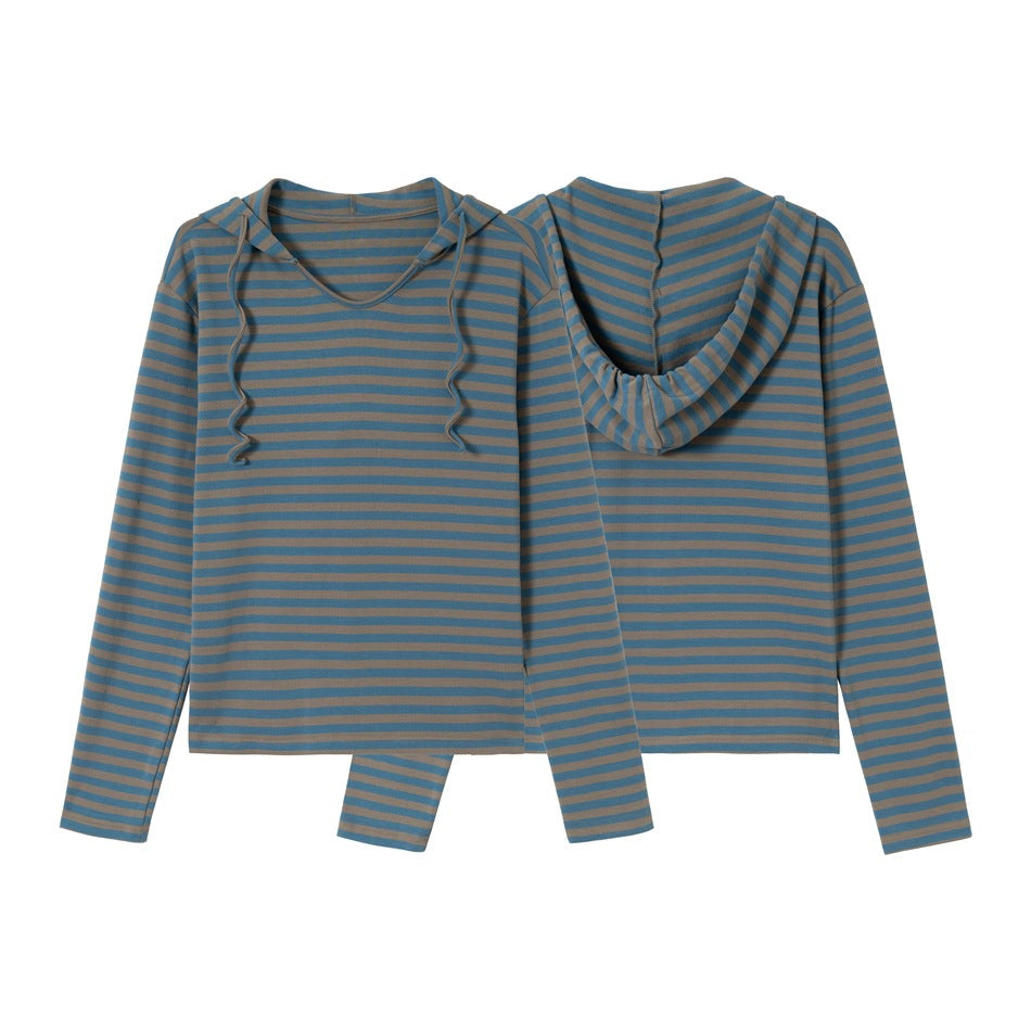 Damen Gestreiftes Langarm-Hoodie-Shirt mit V‑Ausschnitt und Kapuzenband Nord Taschen
