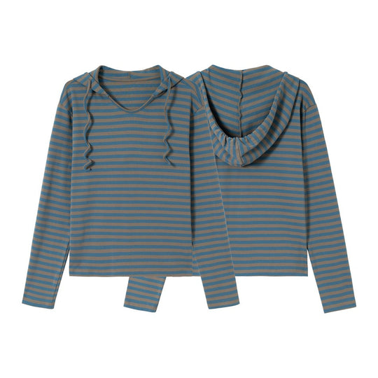 Damen Gestreiftes Langarm-Hoodie-Shirt mit V‑Ausschnitt und Kapuzenband Nord Taschen