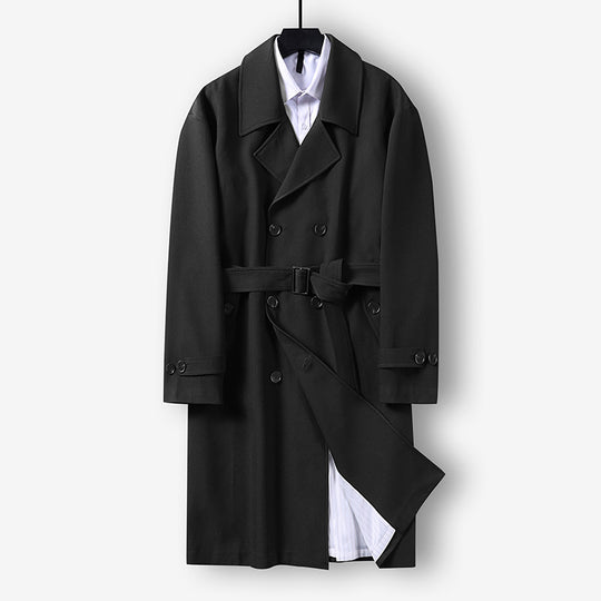 Herren Moderner knielanger Doppelreihiger Trenchcoat mit Taillengürtel Nord Taschen