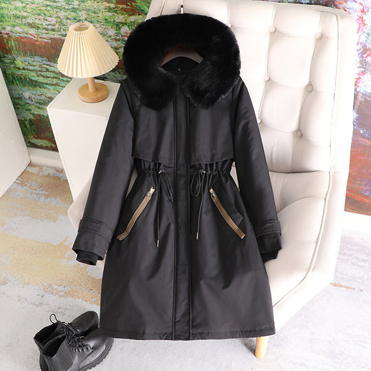 Damen nan taillierter Winterparka mit breitem Kunstfellkragen und Kordelzugtaillierung Nord Taschen