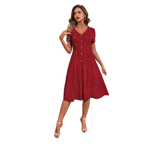 Damen Knielanges Kleid mit V-Ausschnitt und Knopfdetails