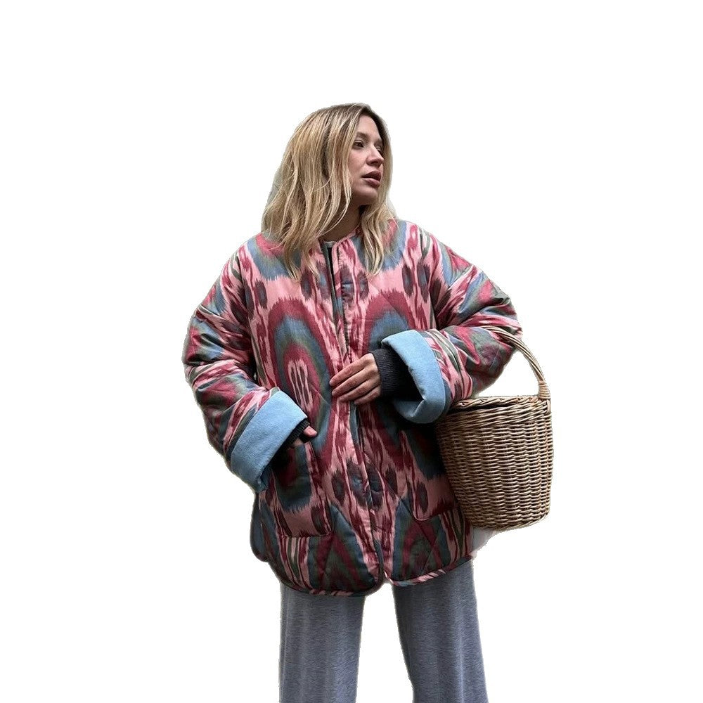 Damen Stepp-Kimonojacke mit Ikat-Print, Oversize‑Schnitt und kontrastierenden Bündchen Nord Taschen