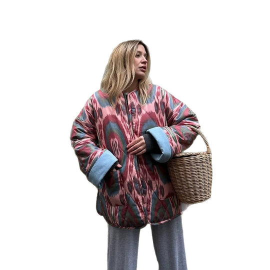 Damen Stepp-Kimonojacke mit Ikat-Print, Oversize‑Schnitt und kontrastierenden Bündchen Nord Taschen