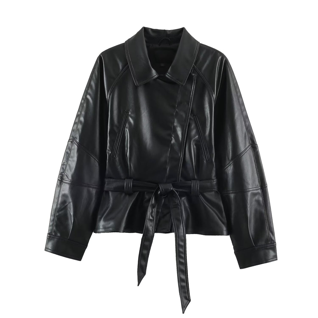 Damen Kurzjacke aus Lederimitat mit Taillengürtel und Oversize-Ärmeln Nord Taschen