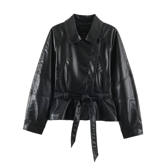Damen Kurzjacke aus Lederimitat mit Taillengürtel und Oversize-Ärmeln Nord Taschen