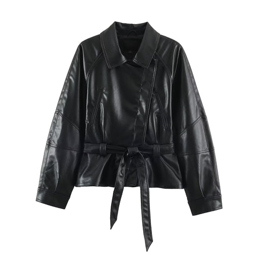 Damen Kurzjacke aus Lederimitat mit Taillengürtel und Oversize-Ärmeln Nord Taschen