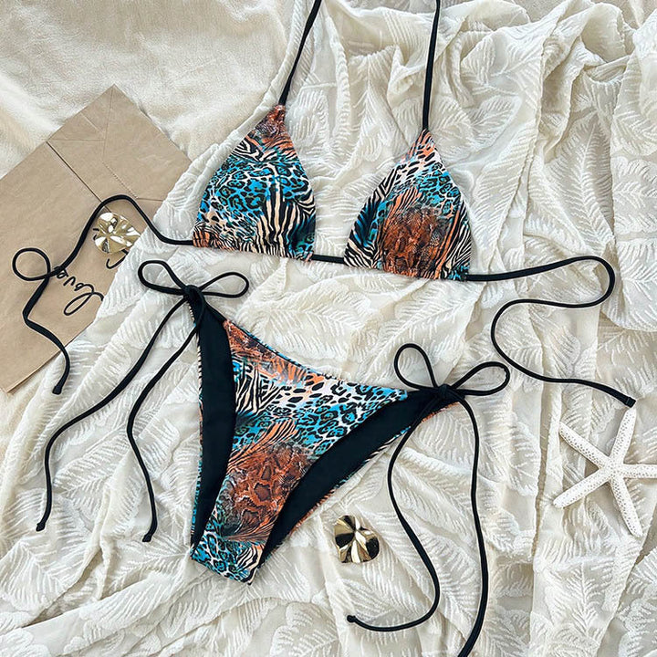 Damen Triangel-Bikini-Set mit verstellbaren BindNord Taschenändern und animalischem Design
