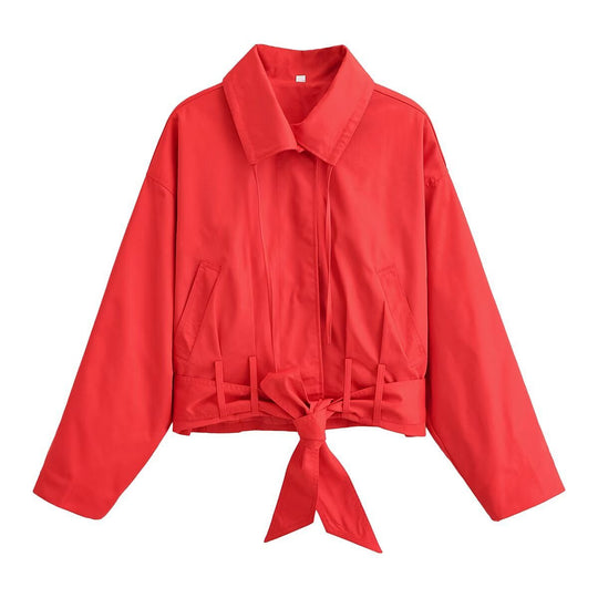Damen Cropped Übergangsjacke mit Taillenband und Hemdkragen Nord Taschen