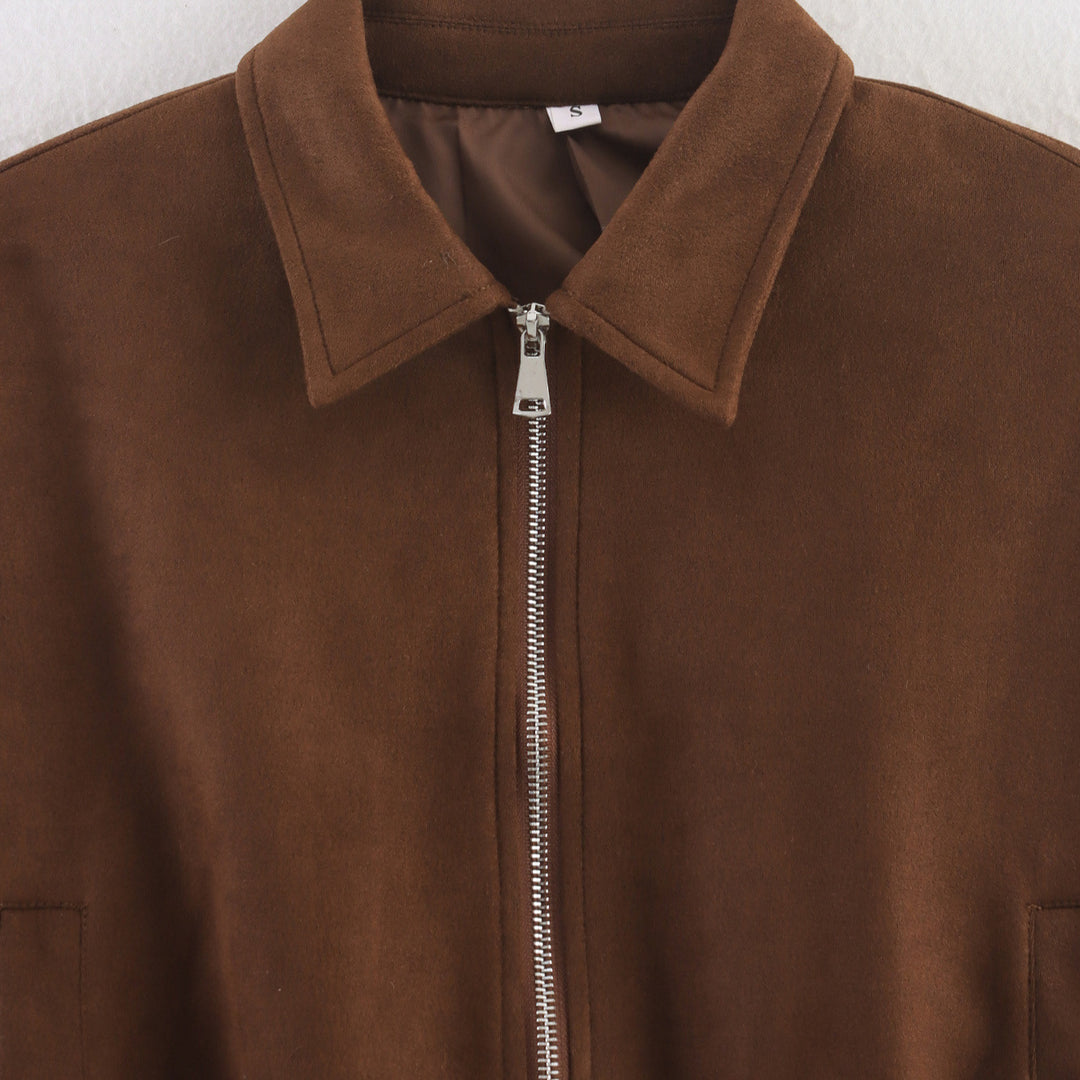 Damen Cropped Bomberjacke in Veloursoptik mit Hemdkragen, Ärmel-Tasche und tailliertem Rippbund Nord Taschen