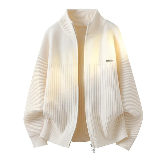 Unisex Oversize Strick-Cardigan mit Stehkragen, durchgehendem Reißverschluss & Struktur-Rippstrick Nord Taschen