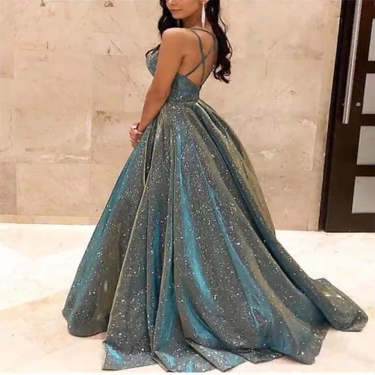 Damen Spaghettiträger V-Ausschnitt A-Linie Glitzer Maxikleid - Arvani