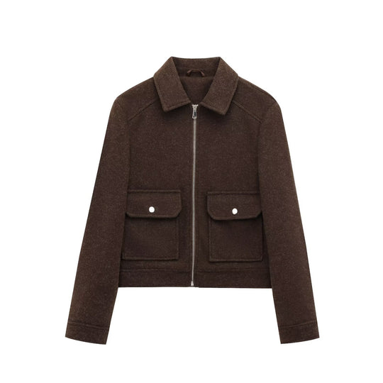 Damen Kurze Wollimitat-Fieldjacke mit durchgehendem Reißverschluss und vier aufgesetzten Pattentaschen Nord Taschen