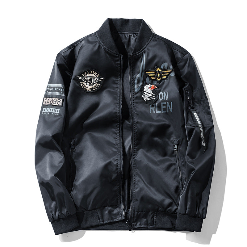 Men's  satin aviator patch bomber jacket with embroidered badges zip sleeve pocket and ribbed trims Nord Taschen