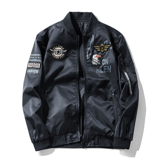 Men's  satin aviator patch bomber jacket with embroidered badges zip sleeve pocket and ribbed trims Nord Taschen