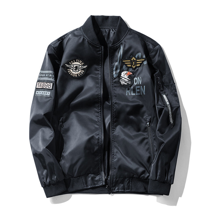 Men's  satin aviator patch bomber jacket with embroidered badges zip sleeve pocket and ribbed trims Nord Taschen