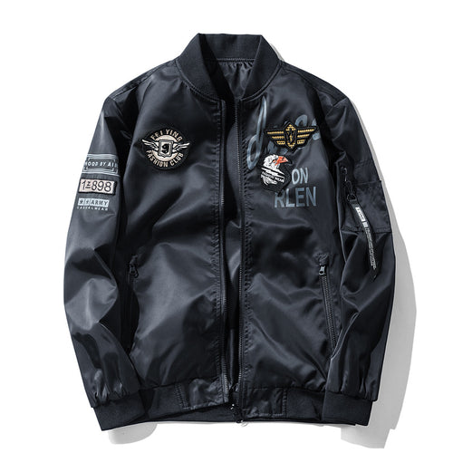 Men's  satin aviator patch bomber jacket with embroidered badges zip sleeve pocket and ribbed trims Nord Taschen