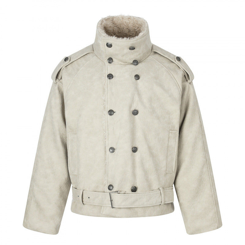 Herren Kurz geschnittene doppelt geknöpfte Aviator‑Jacke mit Teddyfutter, Stehkragen und Taillengürtel Nord Taschen
