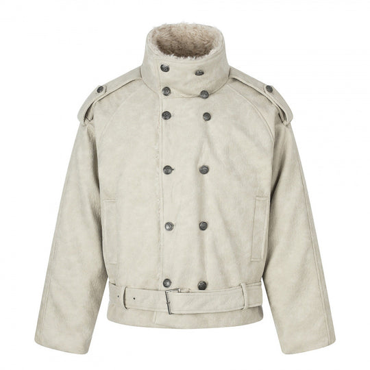 Herren Kurz geschnittene doppelt geknöpfte Aviator‑Jacke mit Teddyfutter, Stehkragen und Taillengürtel Nord Taschen