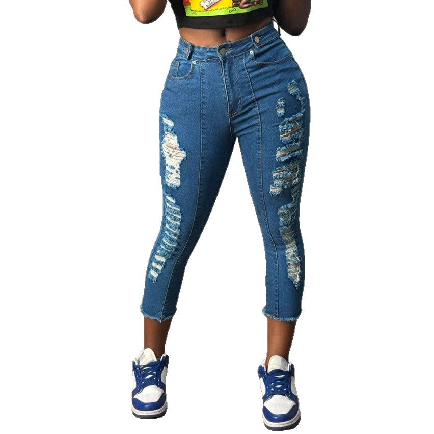 Damen hochgeschnittene knöchellange Skinny-Jeans mit großzügigen Zerrdetails und rohem Saum Nord Taschen