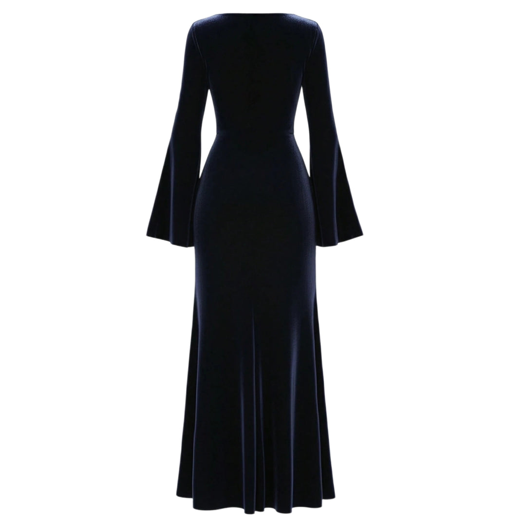 Damen Samt-Abendkleid mit Wasserfall-Ausschnitt, taillierter Silhouette und ausgestellten Trompetenärmeln Nord Taschen