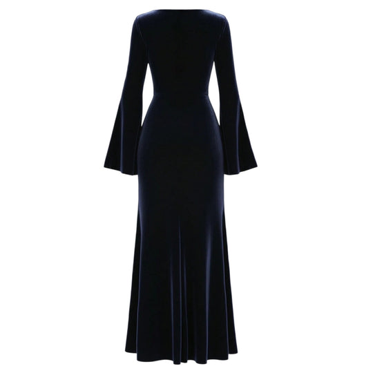 Damen Samt-Abendkleid mit Wasserfall-Ausschnitt, taillierter Silhouette und ausgestellten Trompetenärmeln Nord Taschen