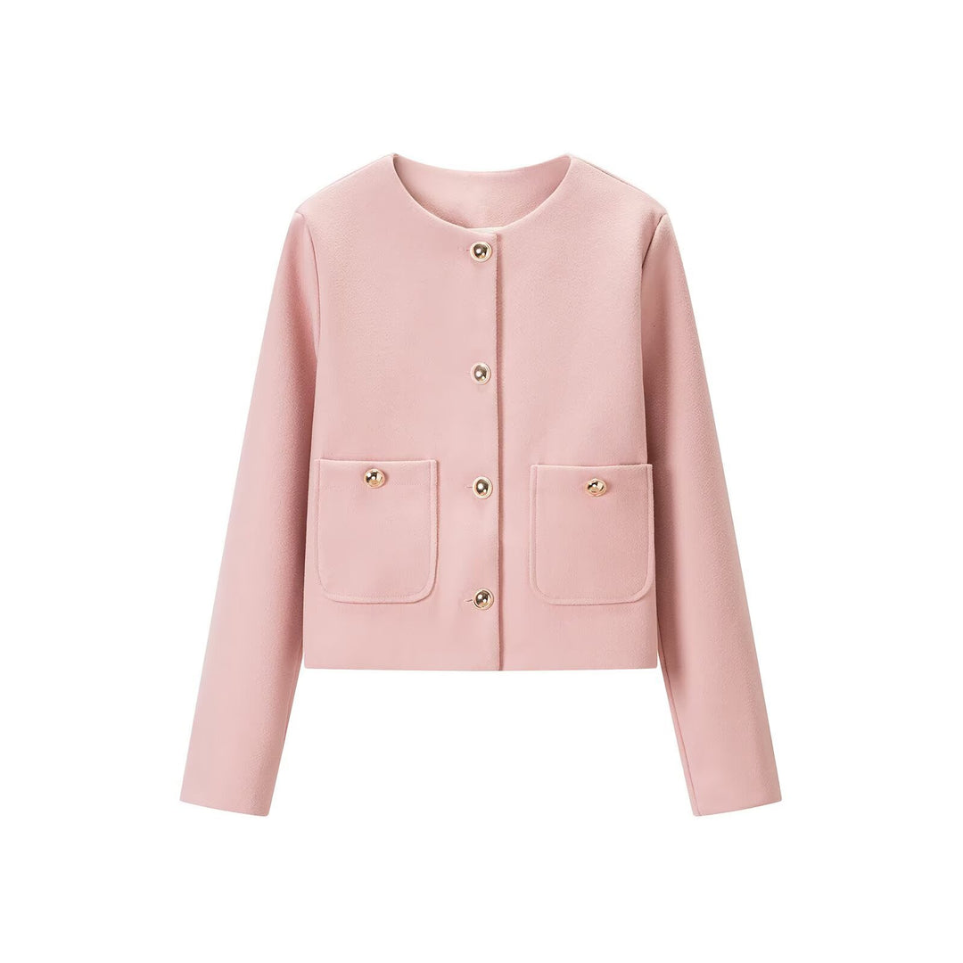 Damen Kurzjacke aus Wollmix mit Rundhalsausschnitt, aufgesetzten Taschen und goldenen Zierknöpfen Nord Taschen