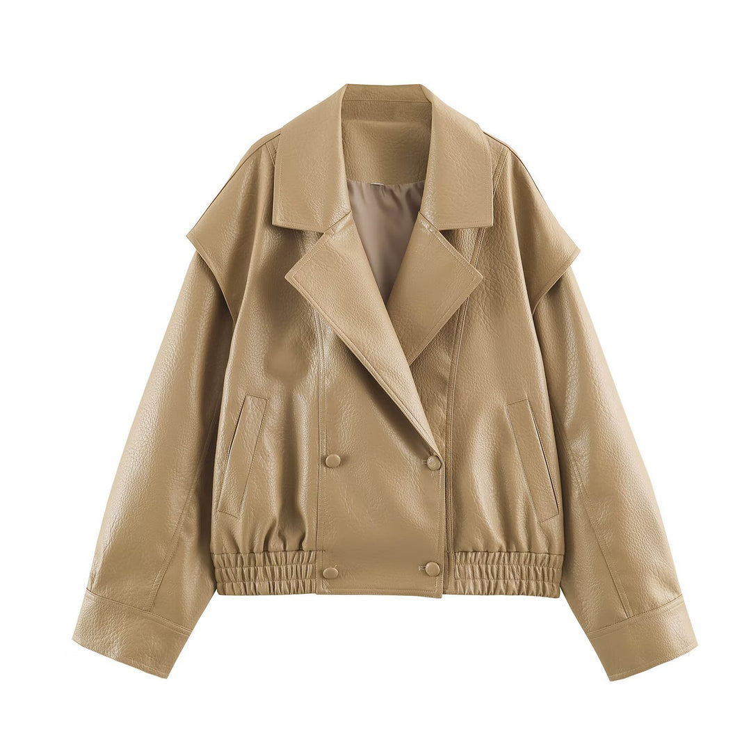 Damen Oversize Kunstlederjacke mit Doppelreihe, weitem Revers und elastischem Saum Nord Taschen