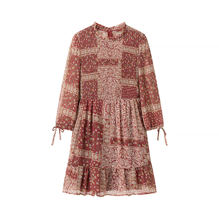 Damen Patchwork-Rüschen-Minikleid mit Smock-Bustier und Volantstufen Nord Taschen
