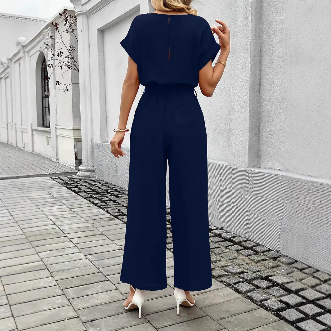 Damen Eleganter Jumpsuit mit weitem Bein und Taillenknoten Nord Taschen