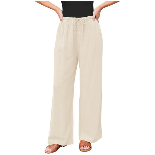 Damen Leinenoptik-Hose mit weitem Bein, Gummizug-Taille, Tunnelzug und Knopfdetail Nord Taschen