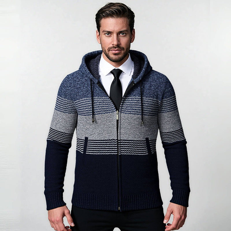 Herren Kapuzen-Strickzipjacke mit farbverlaufendem Blockstreifenmuster und thermischer Struktur Nord Taschen