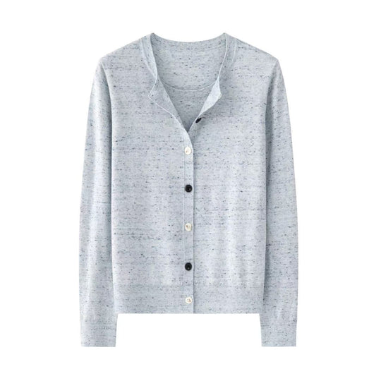 Damen Leichter gestrickter Kurzcardigan mit Rundhals, Mélange‑Struktur und kontrastierenden Knöpfen Nord Taschen