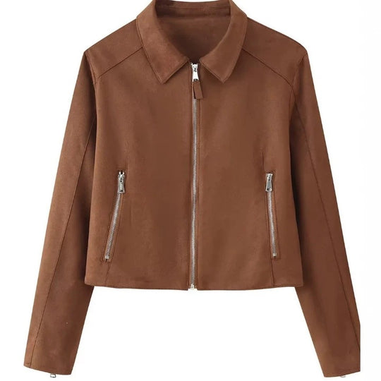 Damen Gekürzte Velourslederjacke mit Hemdkragen, durchgehendem Metallreißverschluss und Zipper-Taschen Nord Taschen