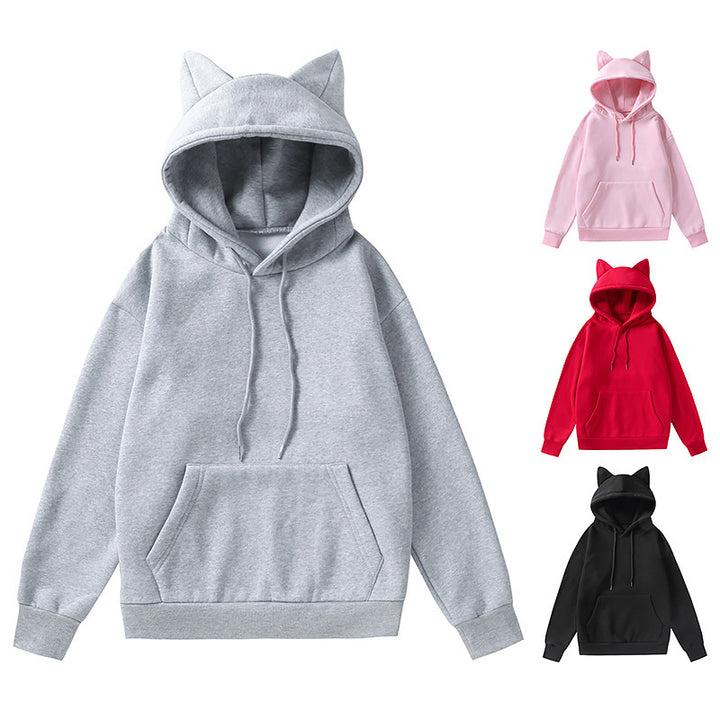 Damen Kapuzenpullover mit Katzenohren oversized Sweatshirt mit Kängurutasche und Kordelzug Nord Taschen