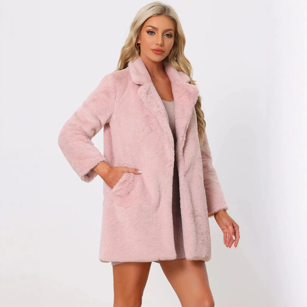 Damen Midilanger Kunstpelz‑Mantel mit softem Schalkragen und Eingrifftaschen Nord Taschen