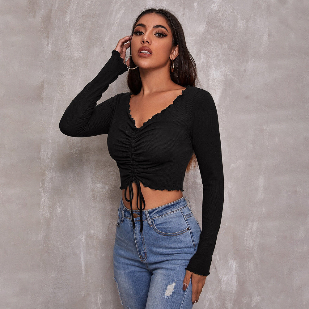 Damen geripptes Cropped-Longsleeve mit Tunnelzugvorderseite, Bindekordeln und gewelltem Saum Nord Taschen