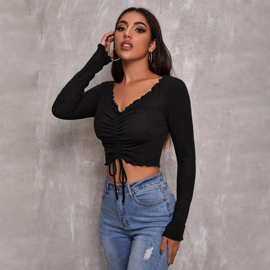 Damen geripptes Cropped-Longsleeve mit Tunnelzugvorderseite, Bindekordeln und gewelltem Saum Nord Taschen