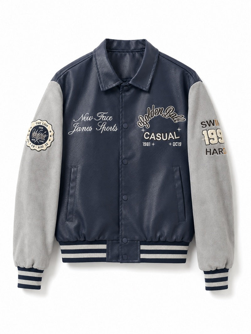 Herren Varsity-Bomberjacke im College-Stil mit Kunstleder-Körper, Veloursleder-Optikärmeln und bestickten Patches Nord Taschen
