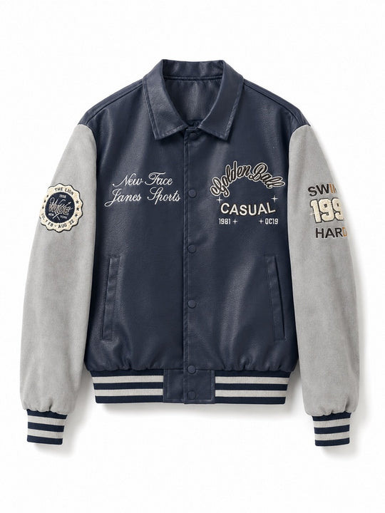 Herren Varsity-Bomberjacke im College-Stil mit Kunstleder-Körper, Veloursleder-Optikärmeln und bestickten Patches Nord Taschen