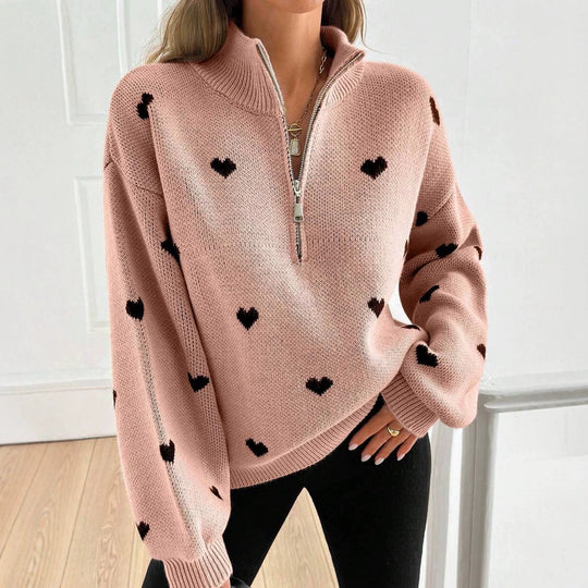 Damen Oversize Strickpullover mit Half-Zip und Herzmotiv Nord Taschen