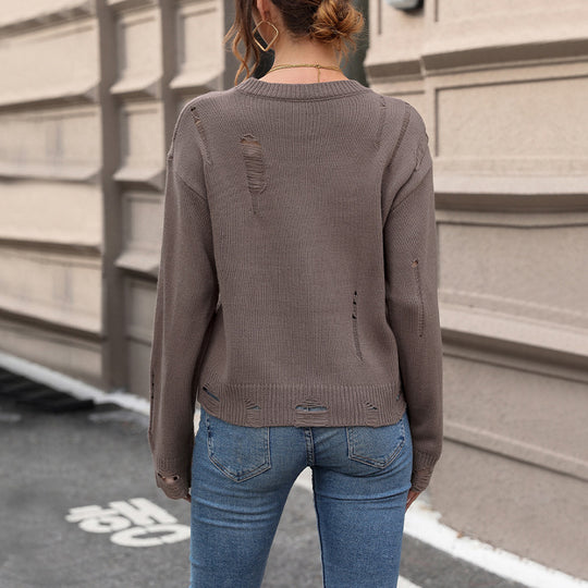 Damen Oversize Strickpullover im Destroyed‑Look mit rundem Halsausschnitt Nord Taschen