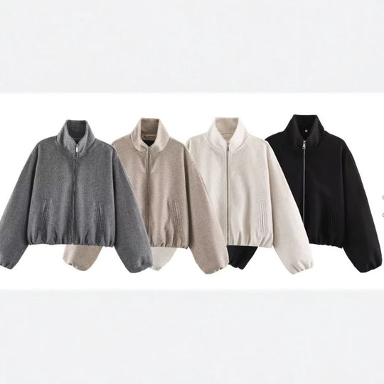 Damen Kurz geschnittene Bouclé‑Blousonjacke mit Stehkragen, elastischem Saum und Ballonärmeln Nord Taschen